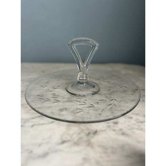 Vintage Tidbit 11” Serving Tray Dish Etched Glass Handle Floral Scallop Trim - Picture 2 of 16